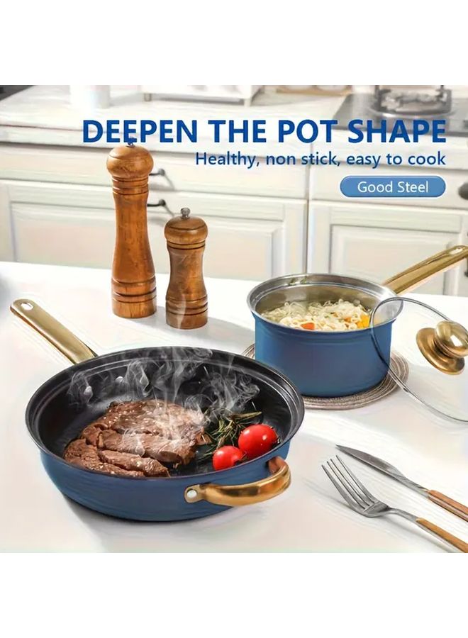 6 قطع أزرق مجموعة أواني طهي من الفولاذ المقاوم للصدأ غير لاصقة مع أغطية للفرن التعريفي والتخييم - Image 5